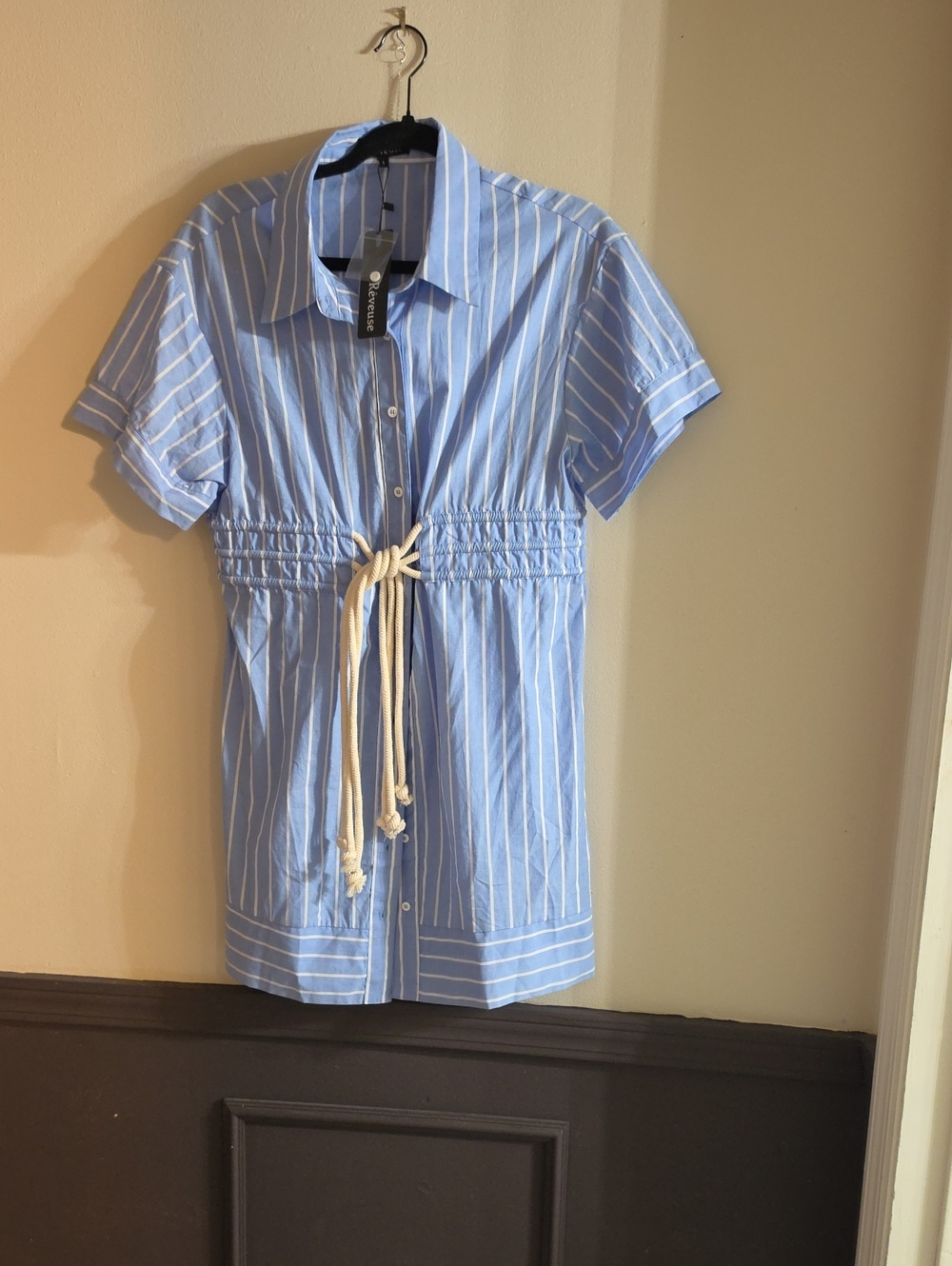 Striped Drawstring Shirt Mini Dress - Light Blue